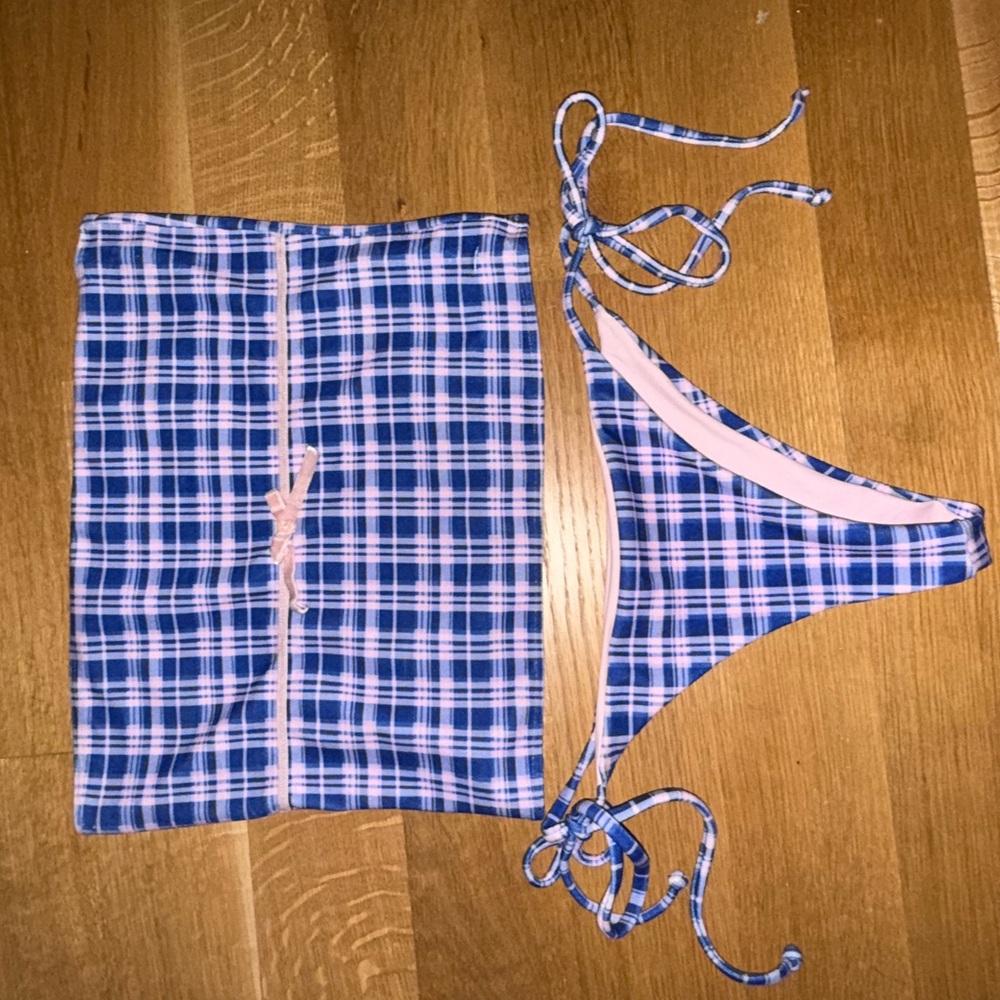 Frankie's Bikinis Blue and Pink Plaid Swim Set
